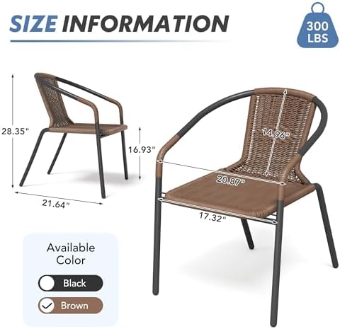 UDPATIO Rattan Patio Dining Chairs Set of 4, Wicker Stackable Outdoor Chairs with All Weather Curved Back & Metal Frame, for Indoor Restaurant Porch Deck, Brown