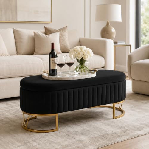 Velvet Storage Bench for Queen Size Bed, 46'' Black Oval Ottoman, Gold Legs