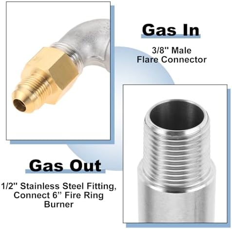 6" Round Fire Pit Burner Ring with Stainless Steel and Brass 1/2" Air Mixer, 90° Elbow Nozzle Sprayer Valve for Natural Gas & Porpane Fireplace, BTU 88000 Max