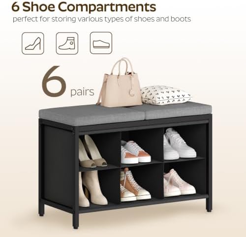 YATINEY Shoe Storage Bench with Cushion, Entryway Bench, Shoe Rack with Padded Seat and 6 Oxford Compartments, for Closet, Bedroom, Entryway, Black and Gray HX01BK