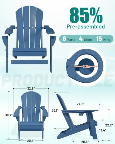 PLUUV Adirondack Chair Set of 2, Fire Pit Chairs with Cup Holder, Navy
