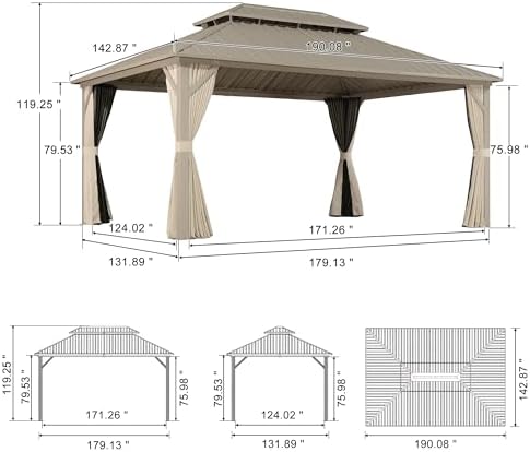 PURPLE LEAF Patio Gazebo 12' x 16' Champagne Galvanized Steel Double Roof