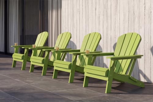 Folding Adirondack Chairs Set of 6 with Cup Holders, Heavy Duty HDPE Plastic Outdoor Chairs, Weather Resistant Heavyweight Patio Furniture Set for Deck, Fire Pit, Backyard, Apple Green