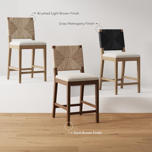 Nathan James Beacon Bohemian Boucle Bar Stool, Upholstered Counter Height Chair with Solid Wood Frame and Woven Seagrass Back for Kitchen Island, Light Brown/Seagrass/Cream Boucle, Set of 2