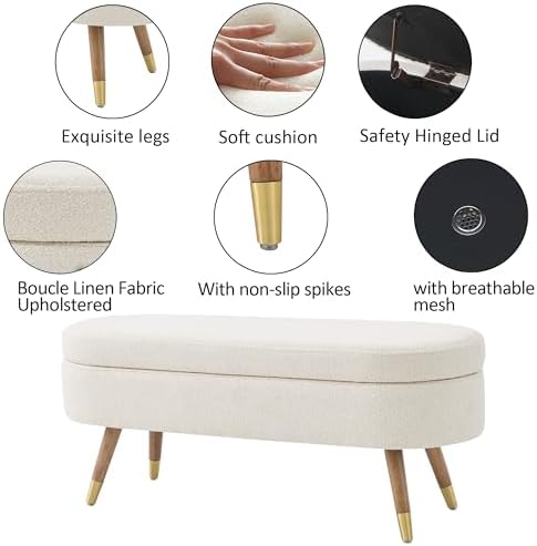 IAFIKE Oval Storage Bench 43.5" Ottoman Bench Upholstered Boucle Fabric Footrest Bench with Golden Metal Legs End of Bed for Bedroom, Living Room, Entryway,Bed Side (Beige)