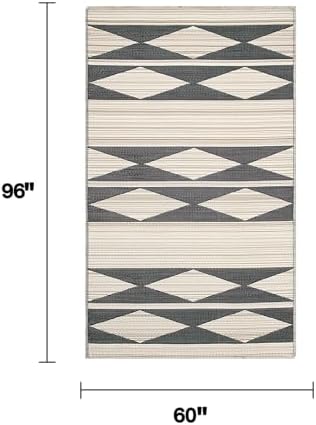 Fab Habitat Outdoor Rug - Waterproof, Fade Resistant, Crease-Free - Premium Recycled Plastic - Neutral Geometric Tribal - Patio, Porch, Deck, Balcony - Cairo - Natural & Black - 5 x 8 ft