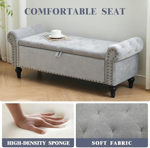 51" Storage Bench for Bedroom, Upholstered Ottoman Bench Chenille LightGray