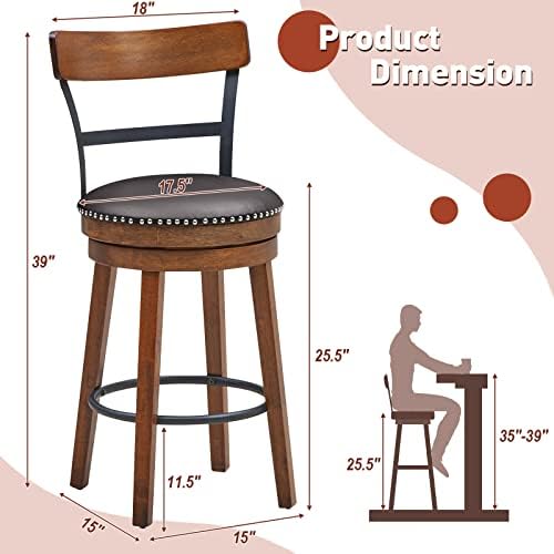 GIANTEX Bar Stools Set of 2-25.5" Counter Height Swivel Rubber Wood Barstools with Soft Padded Seat Cushions, Footrests, Easy Assembly Armless Farmhouse Kitchen Island Bar Chairs with Back, Brown