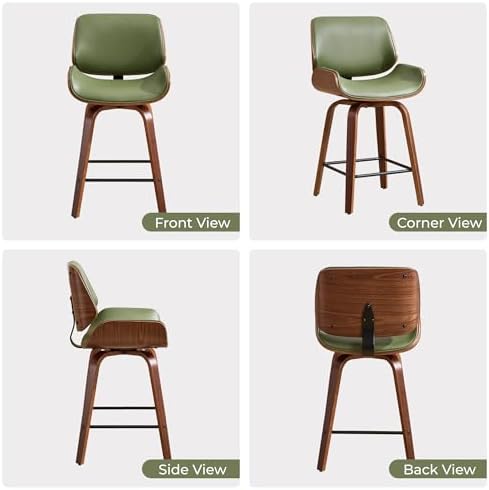 Swivel Bar Stools Set of 2,24" Upholstered Faux Leather Barstools,Mid Century Modern Counter Height Barstools with Walnut Bentwood Back & Legs,Bar Chairs for Kitchen Island Counter Bar Green