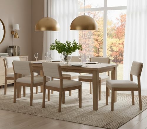 RIVOVA Linen Dining Chairs Set of 6, Comfortable Upholstered Kitchen Chairs with Wood Legs, Mid Century Modern Kitchen Chairs Accent Side Chair for Living, Bedroom, Restaurant, Beige