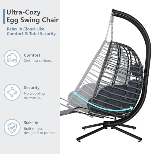 SWITTE Double Egg Chair Outdoor with Stand & Footrest, Patio Swing, Gray