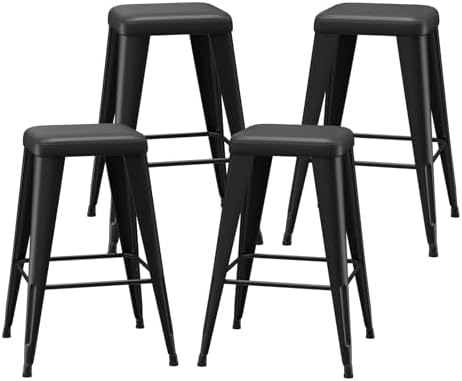 Bar Stools Set of 4, 26" Counter Height Bar Stools Backless, Upholstered Bar Stools with Metal Legs for Kitchen Island, Study Room, Cafe, Black