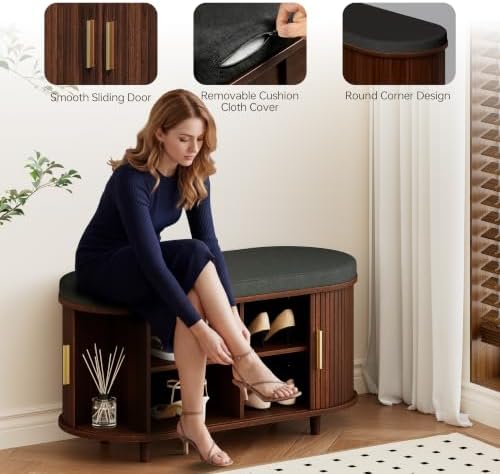 DHH 2-Tier Storage Bench,Wide Shoe Bench with Thickened Padded Seat Cushion, Mid Century Modern Fluted Sliding Door and Adjustable Shelf, for Entryway, Living Room, Bedroom (Walnut, 35.4“)