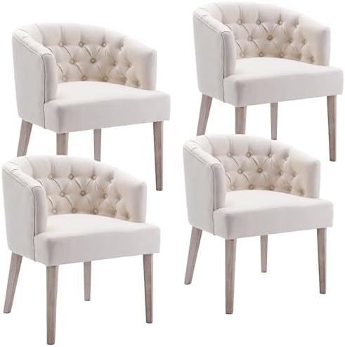 LukeAlon Tufted Arm Linen Dining Chairs Set of 4, Beige