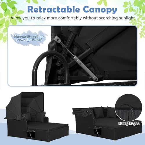 Tangkula Patio Rattan Daybed with Retractable Canopy, Outdoor Wicker Sunbed Lounger with 2 Foldable Side Tables, Thick Seat & Back Cushions, Outside Double Daybed for Garden, Backyard, Porch (Black)