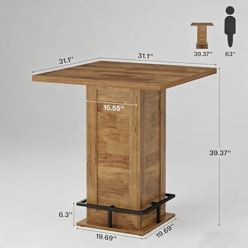 Tribesigns Square Bar Height Table, 39.4" H Counter Height Pub Table, High Top Kitchen Bar Table with Footrest, for Dining Room, Kitchen, Restaurant, Cafe, Pub, Rustic Brown