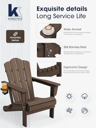 KINGYES Folding Adirondack Chair Set of 2 with Cup Holder, Coffee