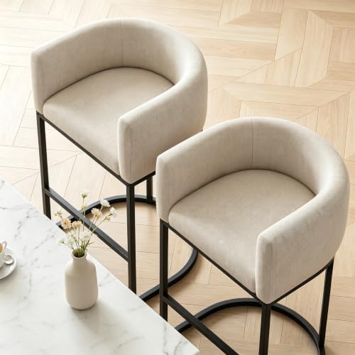 26" H Counter Height Bar Stools Set of 2, Modern Barrel Counter Stools with Backrest and Arms, Linen Fabric Upholstered Accent Barstools for Kitchen Island,Support 450 LBS (Beige)