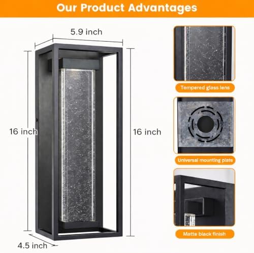 16 Inch Modern Outdoor Wall Sconce, Matte Black Waterproof Exterior Wall Light with Metal Frame and Crystal Bubble Glass, LED 3000K Warm White Lantern for Porch Garage Patio Lighting (1 Pack)