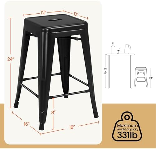 Yaheetech 24 Inch Metal Bar Stools Set of 4, Stackable Barstools, Black