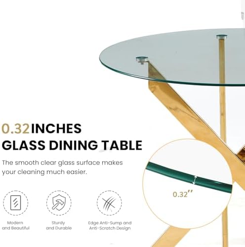 Henf 5 Piece Dining Table Set for 4, Glass Round Dining Table with 4 Black Fabric Dining Chairs, 36'' Round Gold Dining Room Table Set for Small Space, Compact Kitchen Table and Chair Set for 4