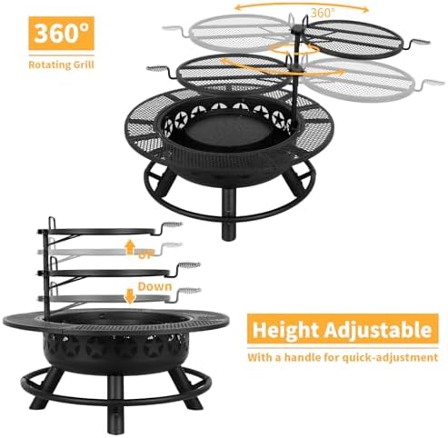 Hykolity 35 Inch Fire Pit with 2 Cooking Grate & Charcoal Pan, Outdoor Wood Burning BBQ Grill Firepit Bowl with Cover Lid, Steel Round Table for Backyard Bonfire Patio Picnic