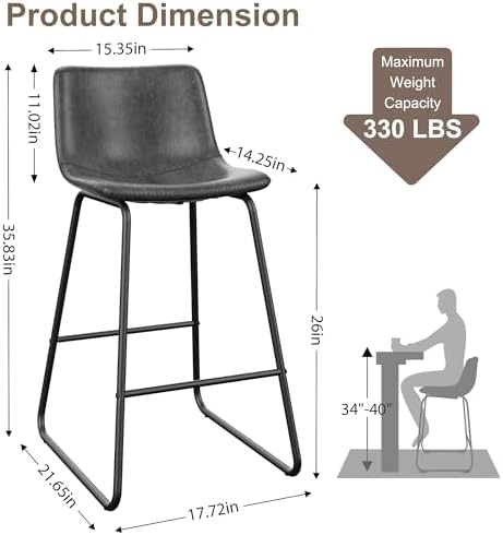 REONEY Bar Stools Set of 2, 26" Urban Faux Leather Counter Stools, Grey