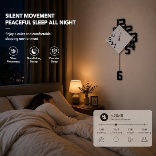 TeamSky Silent Wood Pendulum Wall Clock, Modern White Decorative Clock