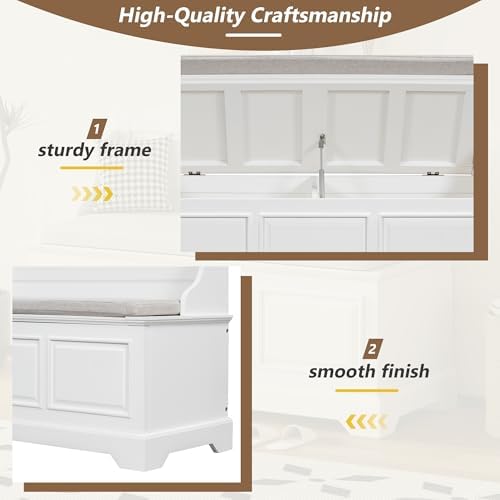 LUMISOL Shoe Storage Bench with Seating, 41.7” Farmhouse Entryway Bench with Cushion and Hidden Storage, Upholstered Storage Ottoman for Living Room, Entryway, Bedroom, White