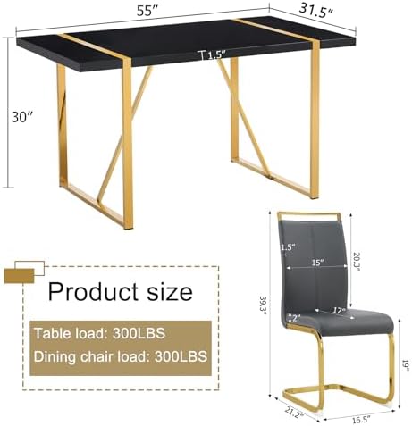 Modern Dining Table Set for 6, 55'' Dining Room Table Set with 6 Faux Leather Chairs, Black Wood Tabletop with Gold Metal Legs, Suitable for Small Space