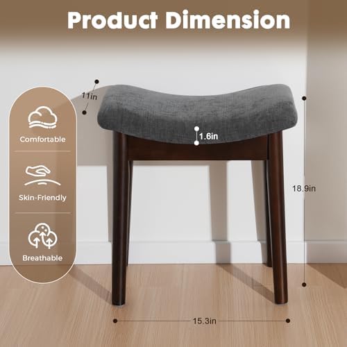 18" Small Vanity Chair Ottoman Bench Saddle Cushion Linen Gray