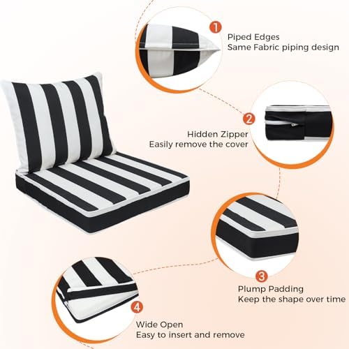 Magpie Fabrics Outdoor Deep Seat Cushion Set 24x24x4 Inch Thick Chair Pad and 24"x20" Back Pillow with Removable Cover, Water & Fade Resistant for Patio Sofa - Black White