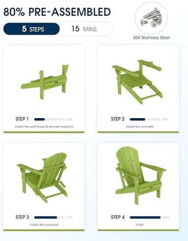 MUCHENGHY Folding Adirondack Chairs, HDPE Patio Chair, Lemon Green