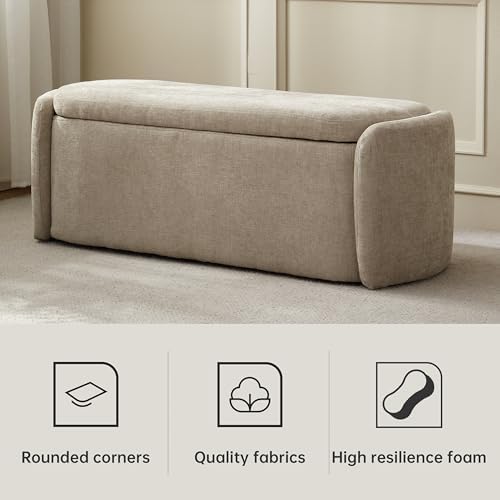 VKNOW Storage Bench, Upholstered Storage Ottoman Bench with Hinge, Khaki