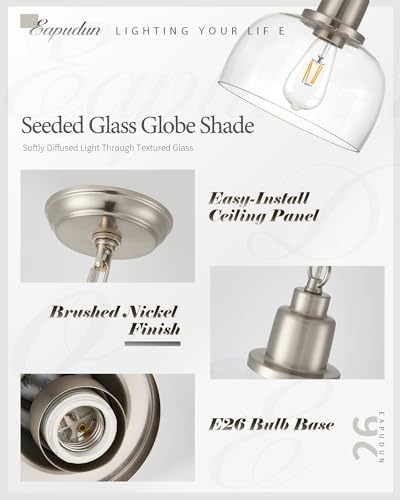 EAPUDUN Modern Farmhouse Pendant Light, 1-Light Industrial Hanging Light Fixture 9.3-inch, Brushed Nickel Finish with Clear Glass Shade, PDA1127-BNK