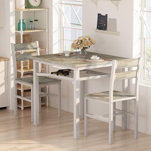 Hooseng 3 Piece Dining Table Set for 2, Small Wooden Kitchen Table with Storage, Farmhouse Square Dinette Set for Dining Room, Breakfast Nook, Apartment, Small Space