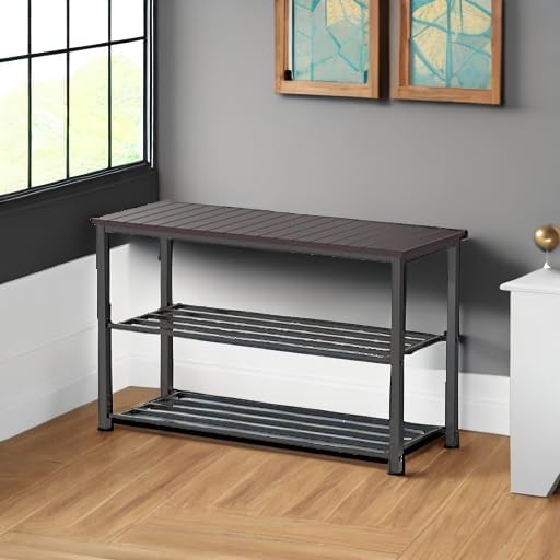 Simple Houseware Wooden Top Shoe Rack Bench for Entryway, Dark Brown