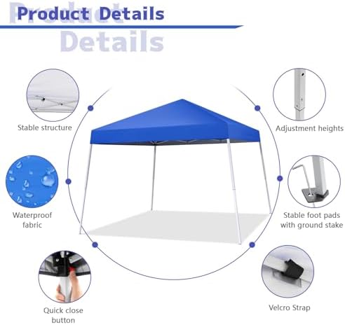 10x10FT Slant Leg Pop Up Canopy Tent, Portable Outdoor Shelter