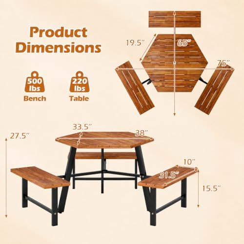 GIANTEX Picnic Table Bench Set for 6, Acacia Wood Outdoor Dining Table Set with 3 Seats, 1.97" Umbrella Hole, 1720 LBS Capacity, Heavy Duty Metal Frame, for Front Porch Patio Lawn Garden