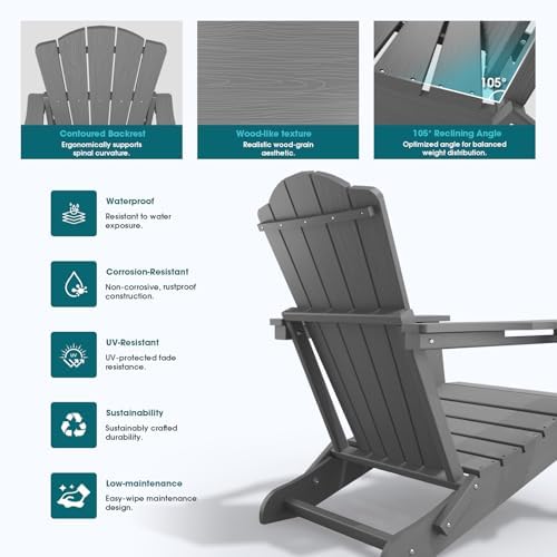 THOEOE Folding Adirondack Chair, All-Weather Fire Pit Chair with Cup Holder