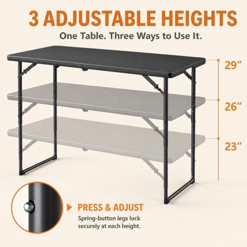 4FT Folding Table 3 Levels Adjustable Height, Heavy Duty Fold-in-Half Portable Table, 400 lbs Capacity Foldable Table for Party Dining Camping Events Picnic Outdoor Indoor Use