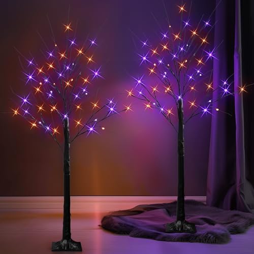 Dazzle Bright 2 Pack Halloween Lighted Up Birch Tree, Total 96 LED Purple and Orange Fairy Lights with Timer, Waterproof for Indoor Outdoor Home Party Halloween Decoration
