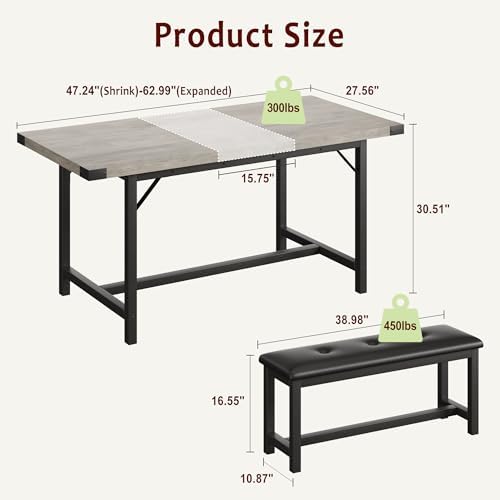 Garvee 63 in Extendable Dining Table Set for 4-6 People, 3-Piece Kitchen Table Set with 2 Upholstered Benches, Farmhouse Dining Room Table Set for Kitchen, Living Room, Apartment, Gray
