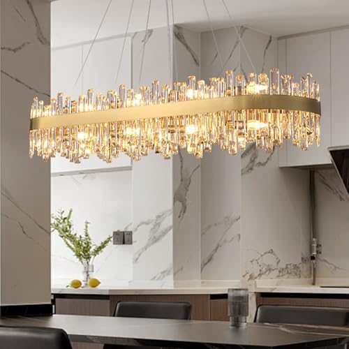 Modern Gold Rectangular Crystal Chandelier for Dining Room, L52''