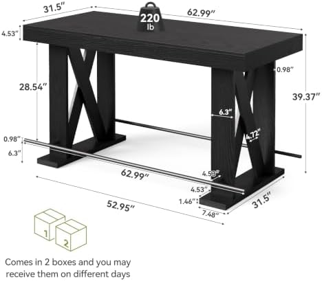 LITTLE TREE 63" Bar Table, Pub Table with Metal Footrest (Black,1)