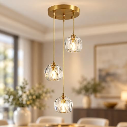 3-light crystal cluster pendant, gold mid century chandelier shown in use