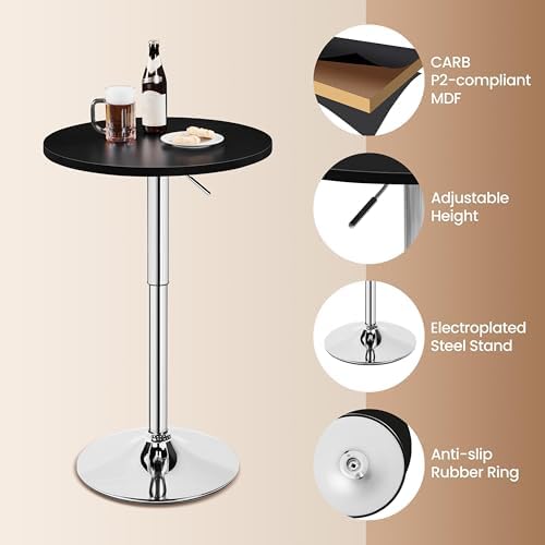 Yaheetech Round Bar Table, Adjustable 27.5-36" Height, Swivel Top, Black