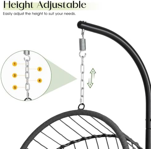 LEX CRAFT Hanging Egg Chair with Stand, Swinging Egg Chair Outdoor Indoor, Hanging Basket Chair with Cushion, Patio Wicker Hammock Chair 350lbs Capacity (Gery-Beige)