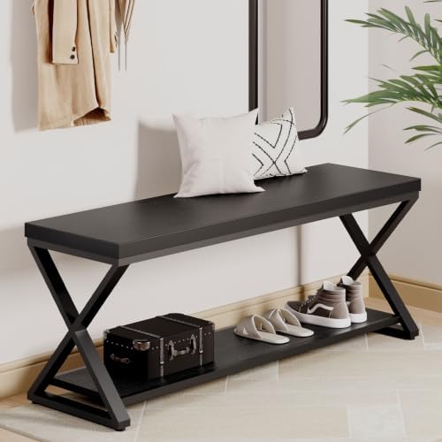 IBF Rustic Entryway Bench with Storage, Black Wood and Metal Bench