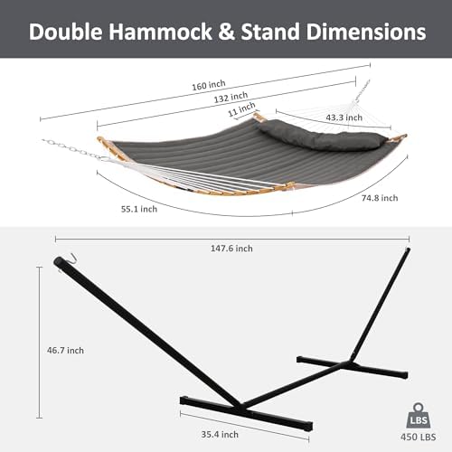 SUNCREAT Double Portable Hammock with Stand, 2 Person Hammock with Curved Spreader Bar, Balance Ropes Included, Dark Gray